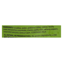 Frontera Green Chile Enchilada Sauce label close-up highlighting ingredients and heat level