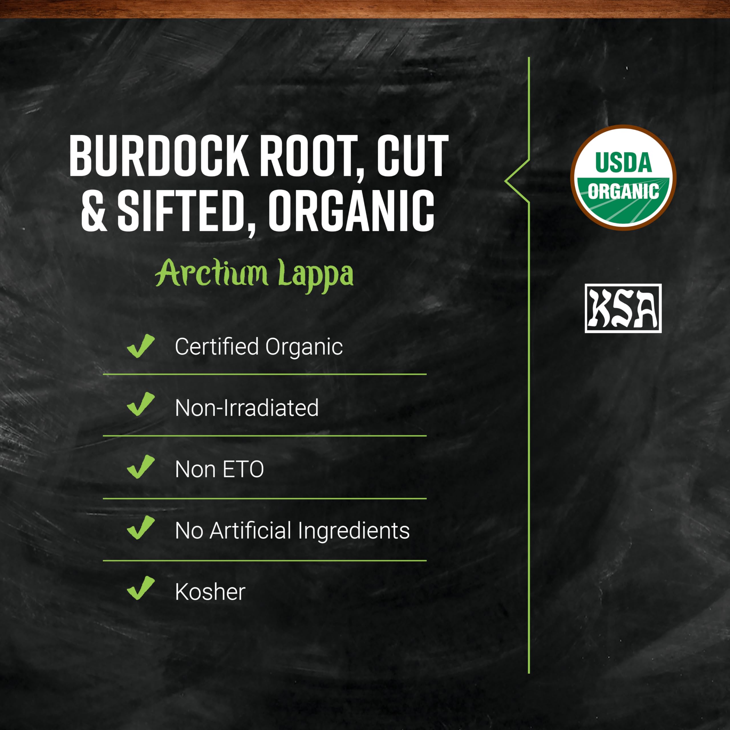 Frontier Burdock Root kosher certification label on packaging.