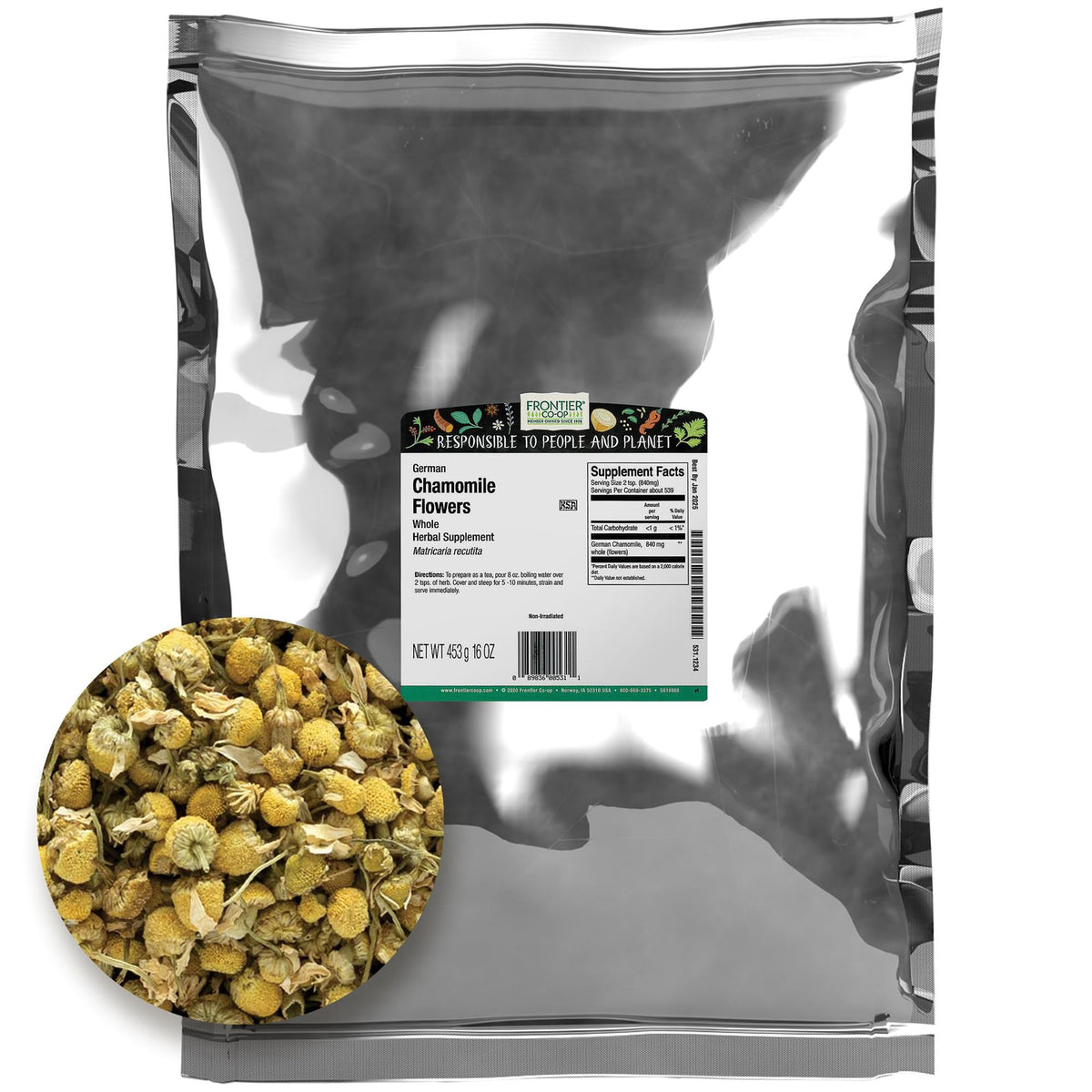 Frontier Chamomile Flowers German Whole 16oz bag close-up blooms for tea.
