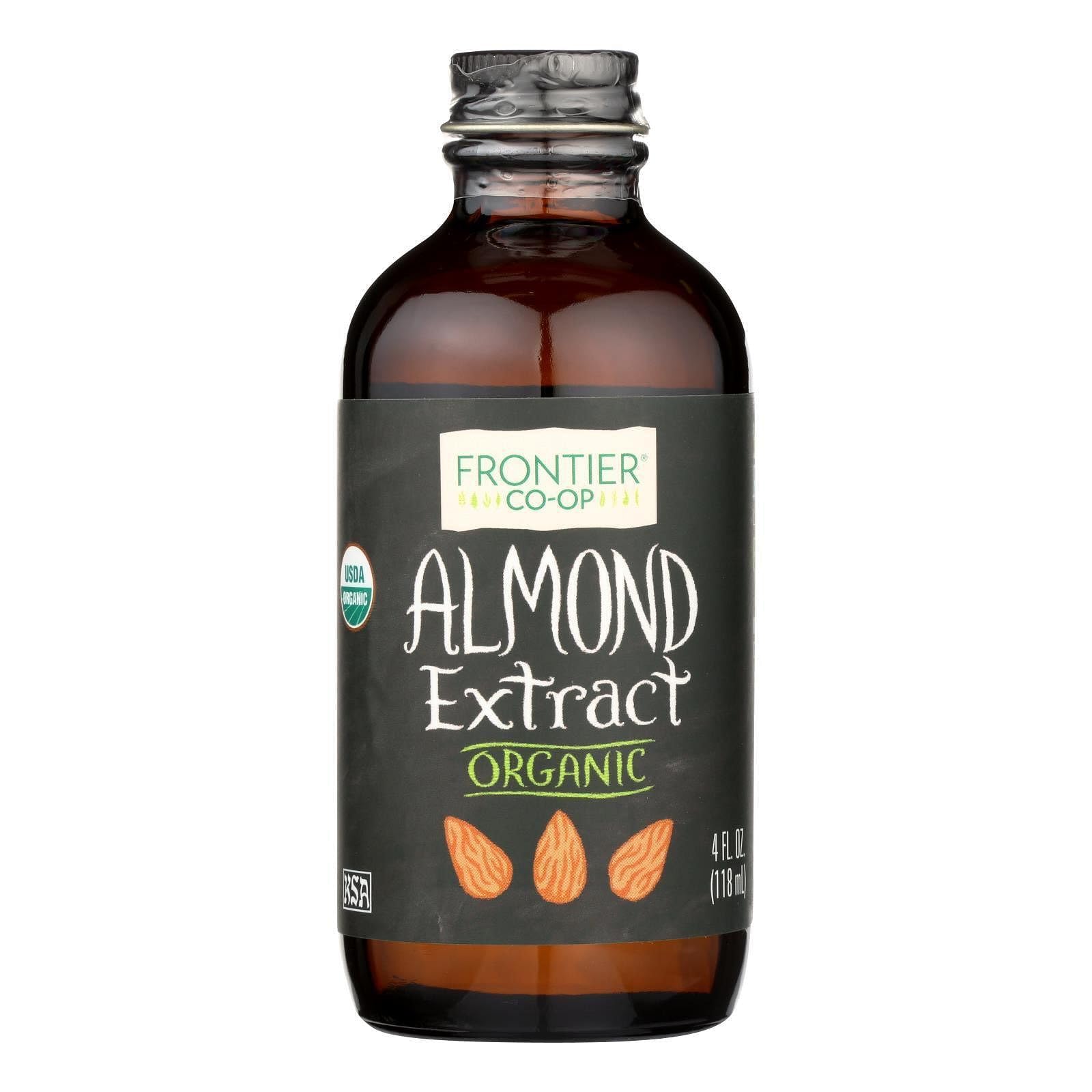 Frontier Co-op Almond Extract bottle offering warm almond flavor for cakes and cookies.