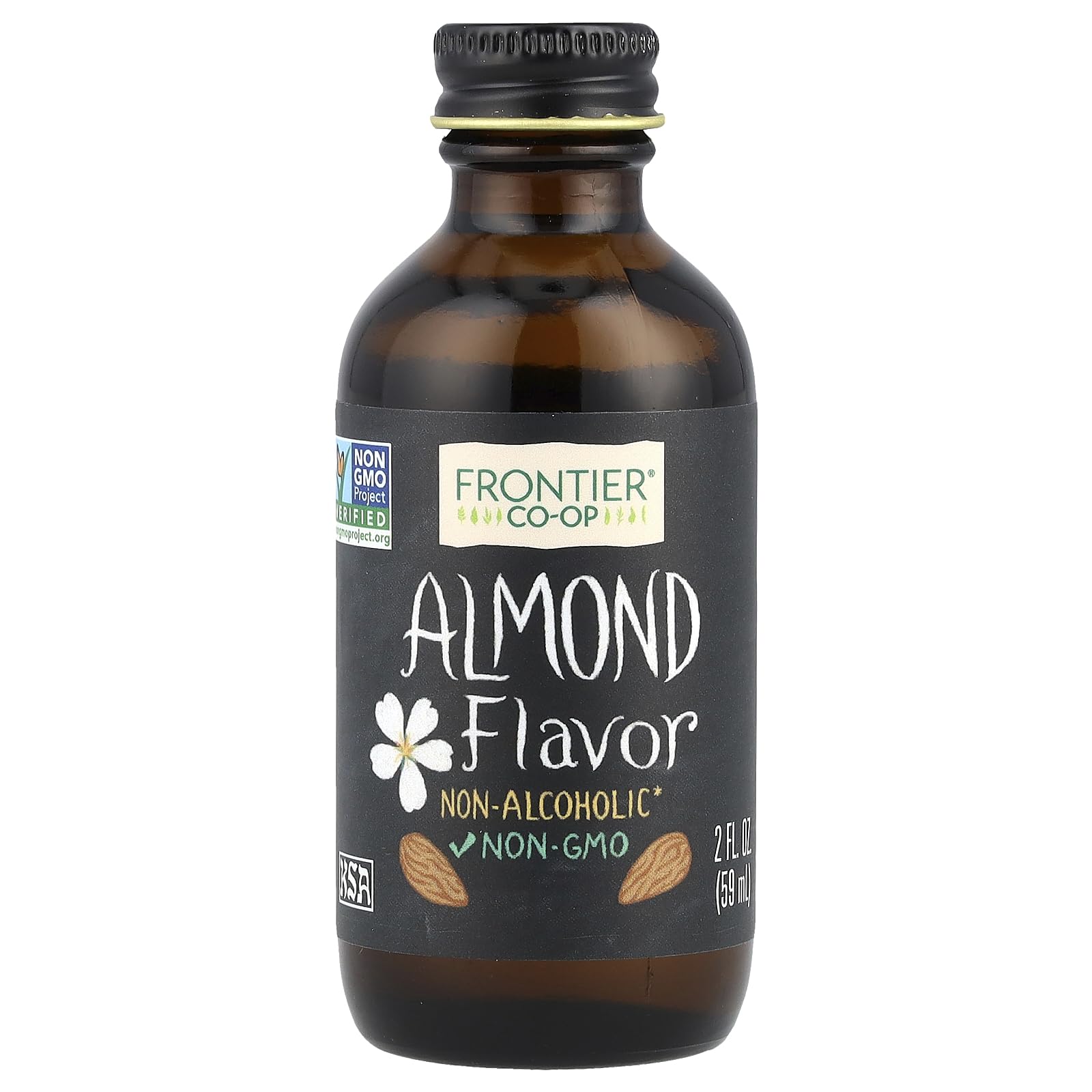 Frontier Co-op Organic Almond Flavor bottle, aromatic almond scent for desserts and drinks.