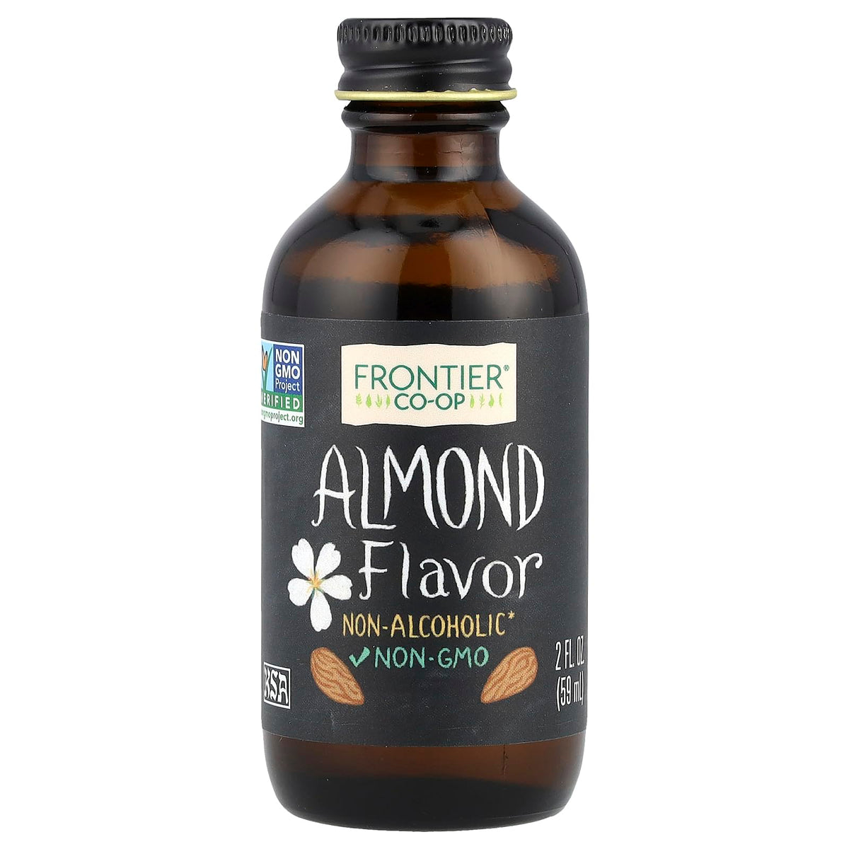 Frontier Co-op Organic Almond Flavor bottle, aromatic almond scent for desserts and drinks.