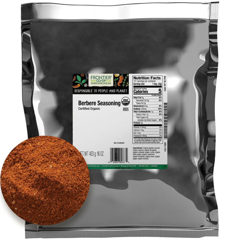 Frontier Co-op Berbere spice bulk bag on counter for versatile cooking