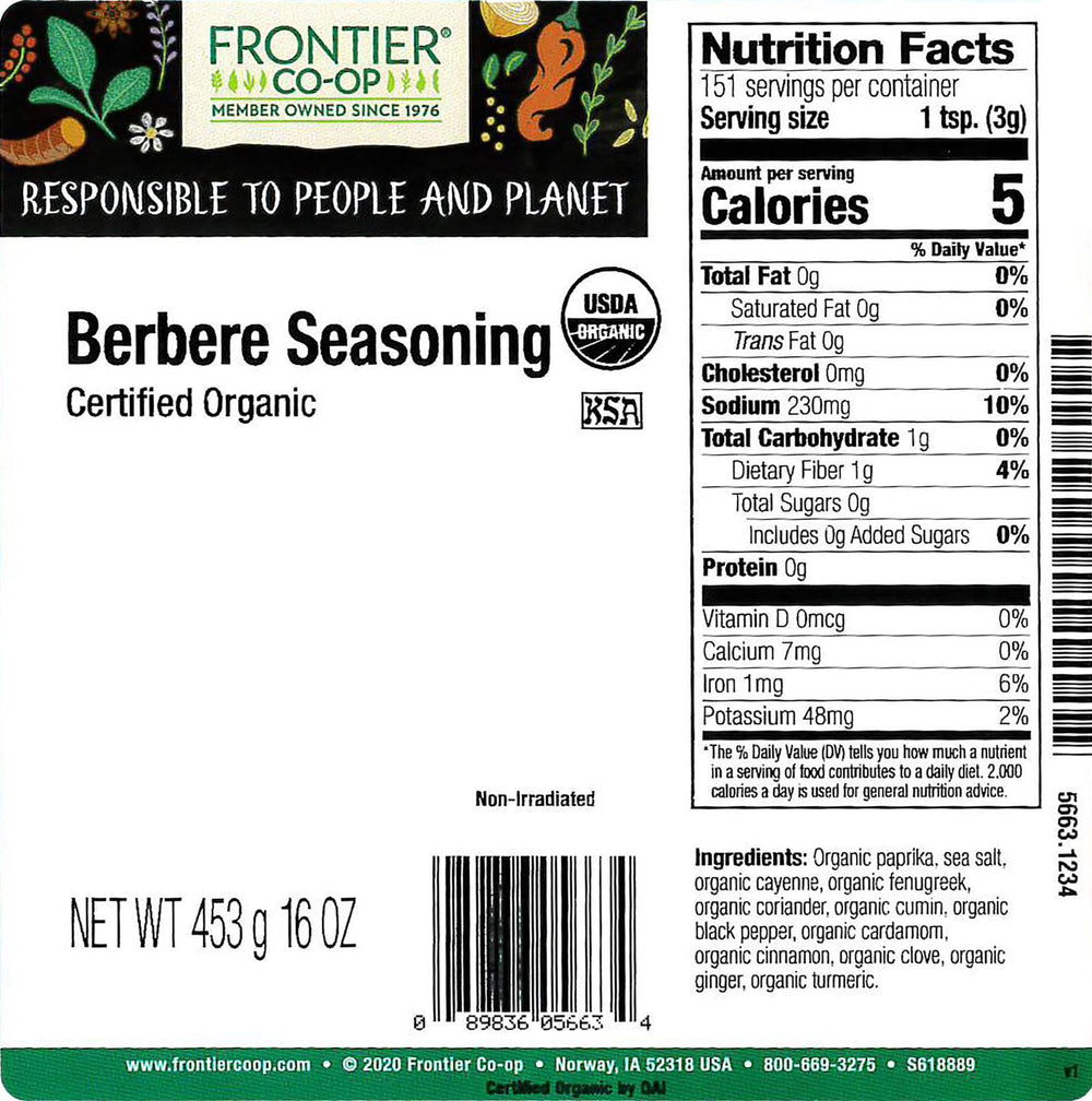 Frontier Co-op Berbere spice pantry canister highlighting organic and kosher-certified seasoning