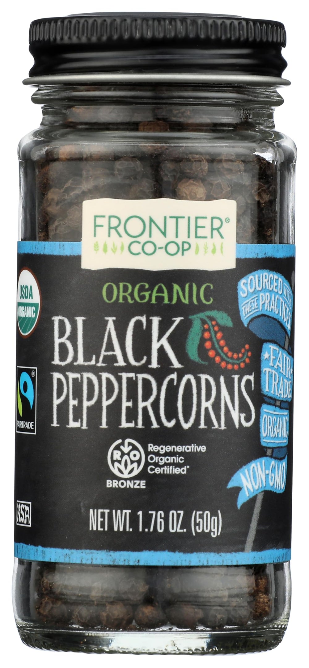 Frontier Co-op black peppercorns in a jar add vibrant aroma to everyday cooking