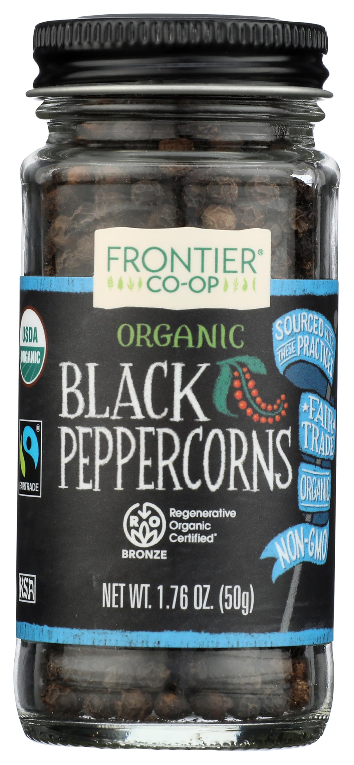 Frontier Co-op black peppercorns in a jar add vibrant aroma to everyday cooking