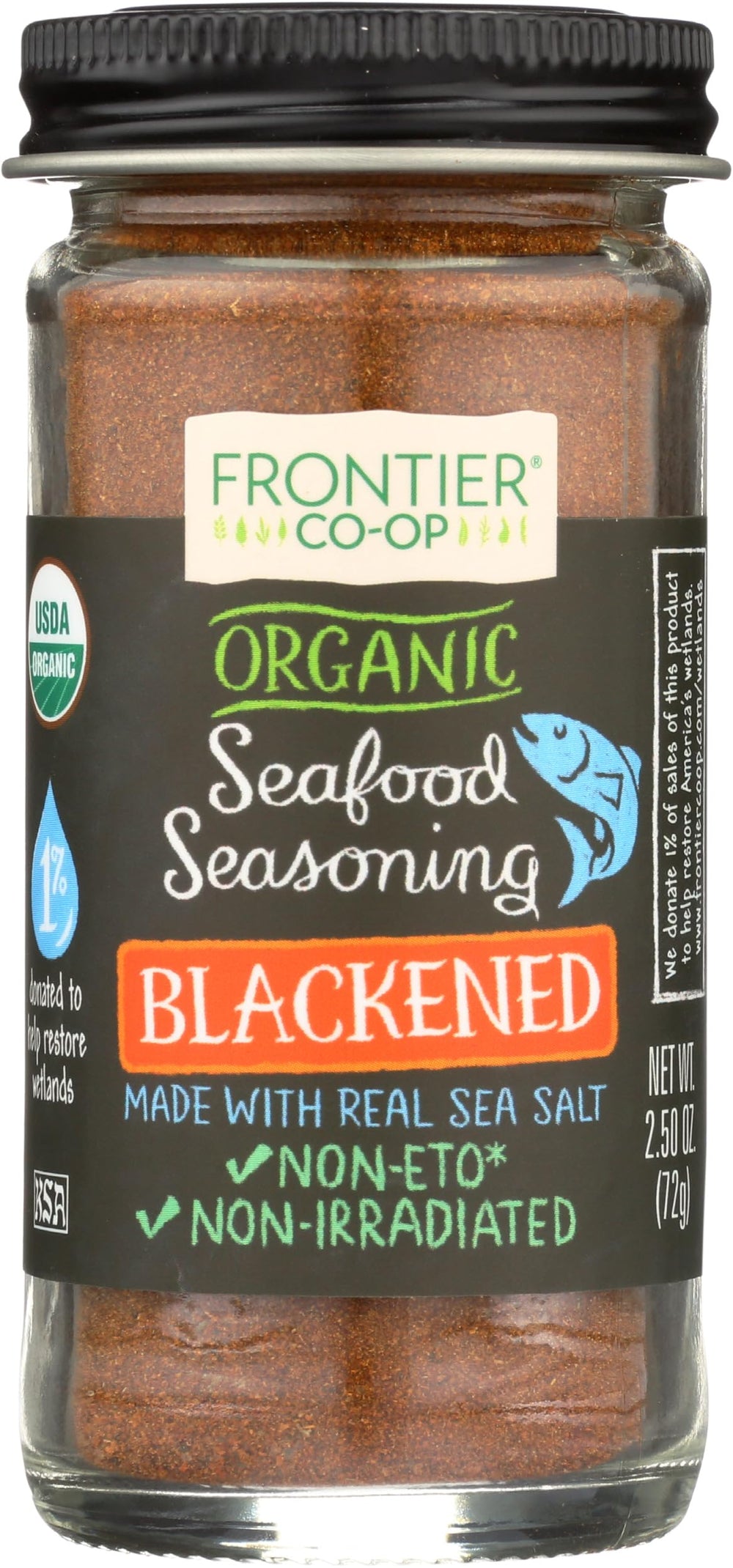 Frontier Co-op Blackened Seafood Seasoning bottle adds bold flavor to seafood dishes.