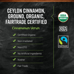 Frontier Co-op Ceylon Cinnamon Powder packaging closeup highlights quality and organic sourcing.