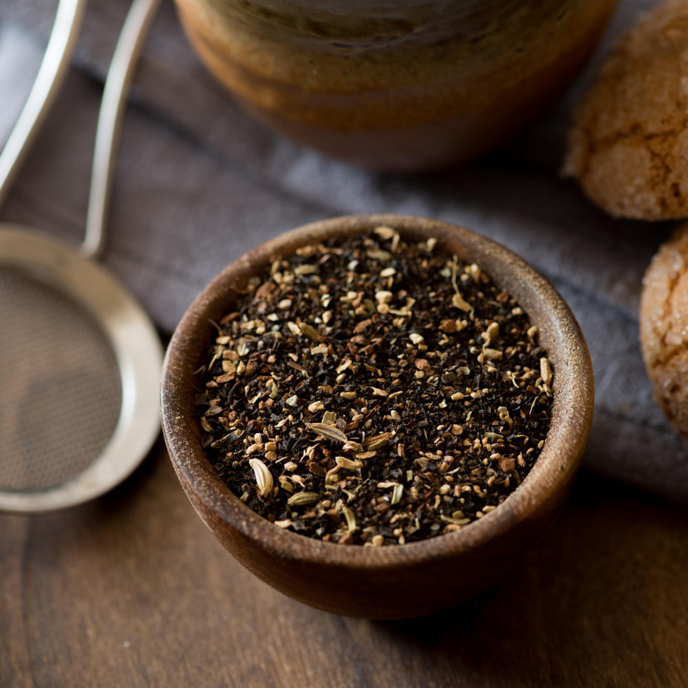 Frontier Co-op Chai Tea black tea leaves closeup for a rich traditional chai base.