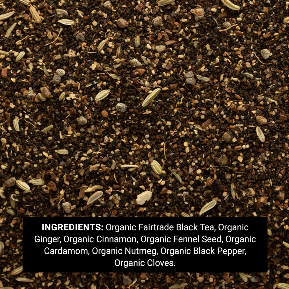 Frontier Co-op Chai Tea brewed cup perfect for latte or cozy tea time.