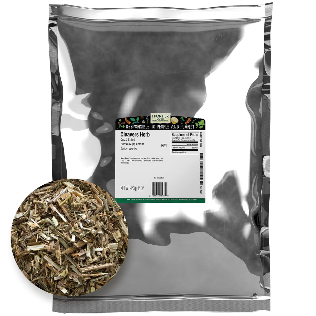 Frontier Co-op Cleavers herb cut and sifted, ideal for tea infusions and tinctures.