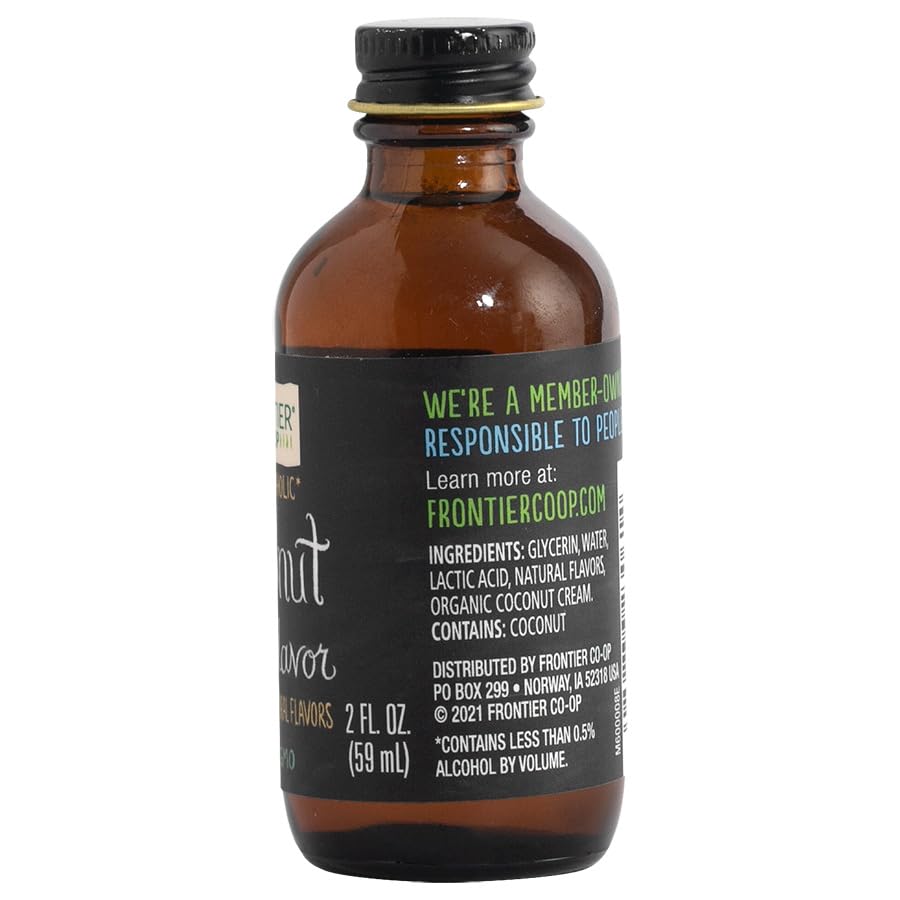 Frontier Co-op Coconut Flavor label indicates natural, versatile extract for frostings and shakes.
