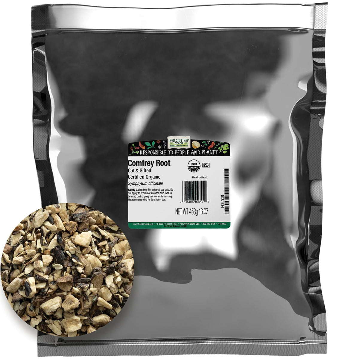 Frontier Co-op comfrey root bulk bag shown for herbal use and crafting