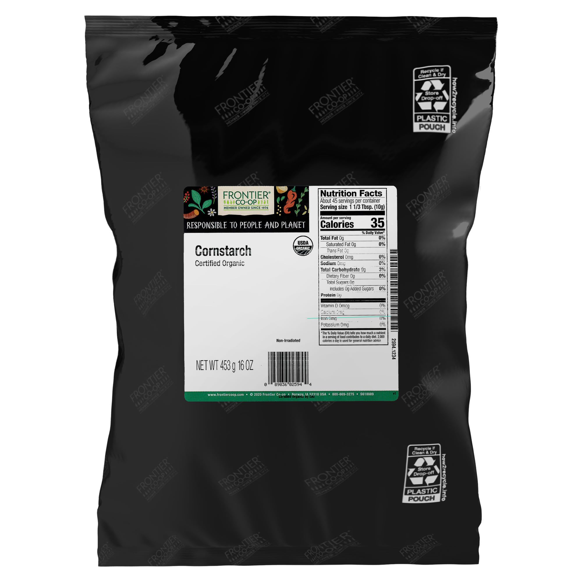 Frontier Co-op Organic Cornstarch packaging front provides a pantry-ready thickening option.