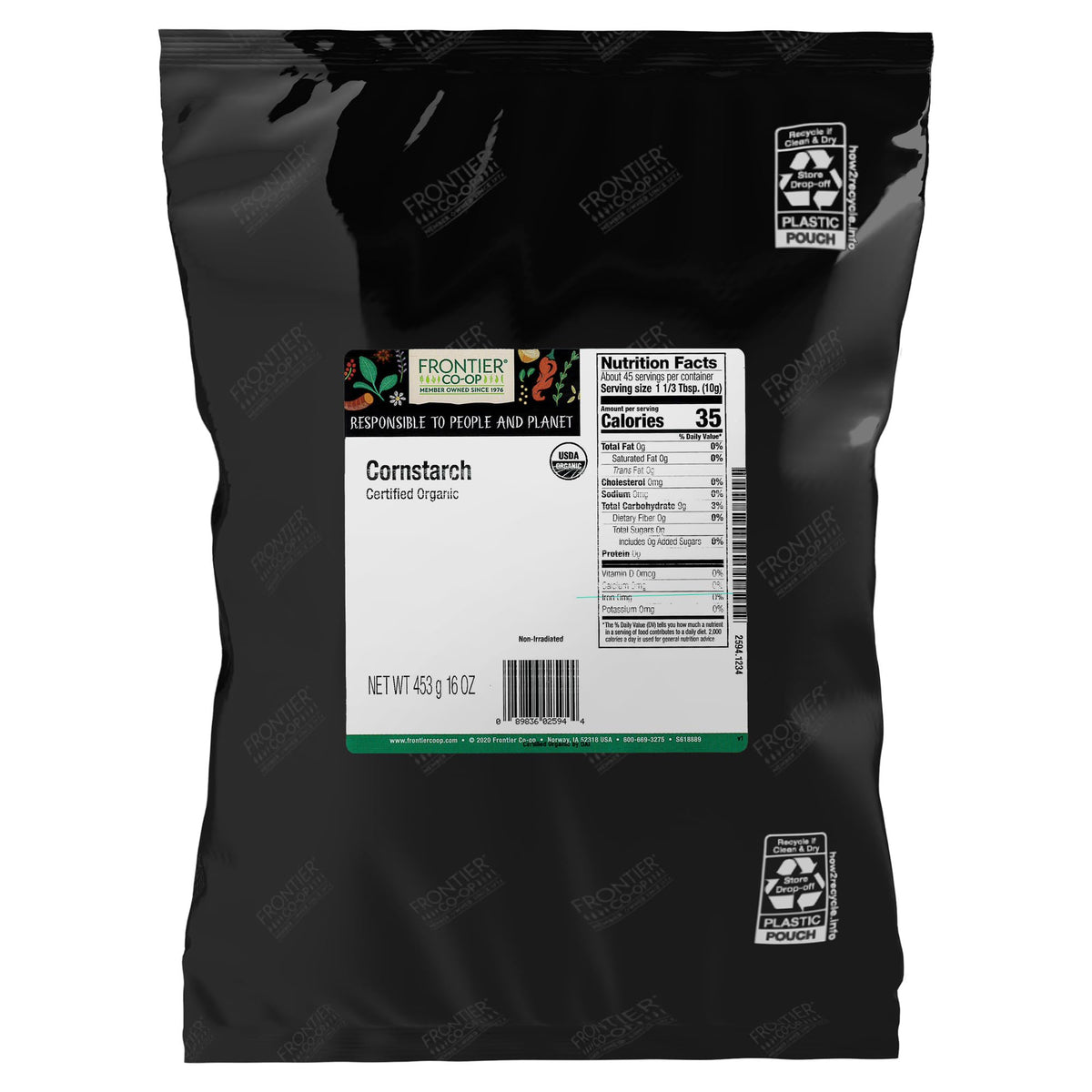 Frontier Co-op Organic Cornstarch packaging front provides a pantry-ready thickening option.