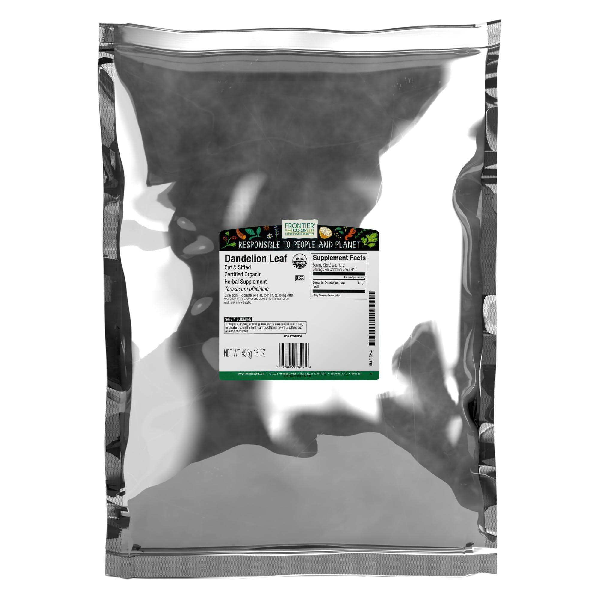 Frontier Co-op dandelion leaf loose tea bulk for aromatic herbal infusions.