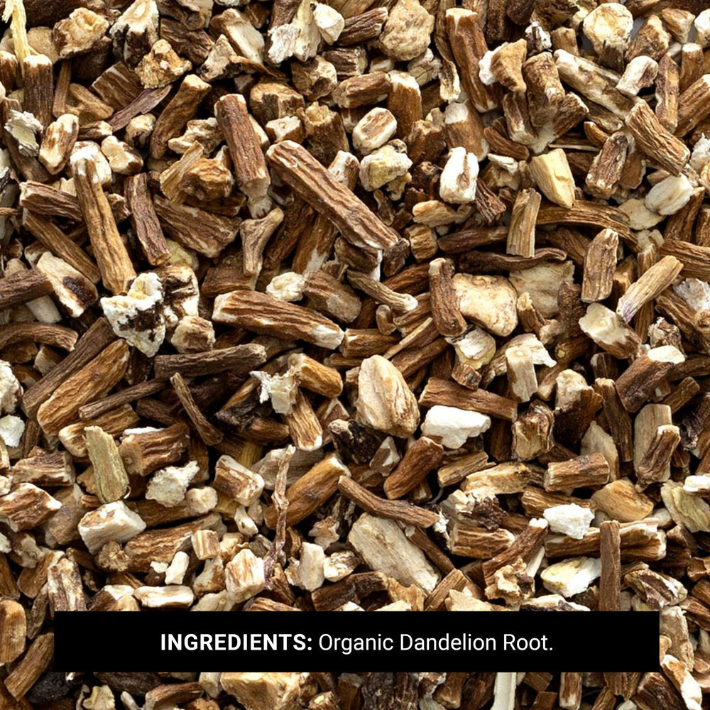 Frontier Co-op organic dandelion root Bulgarian-USA label highlights organic sourcing.