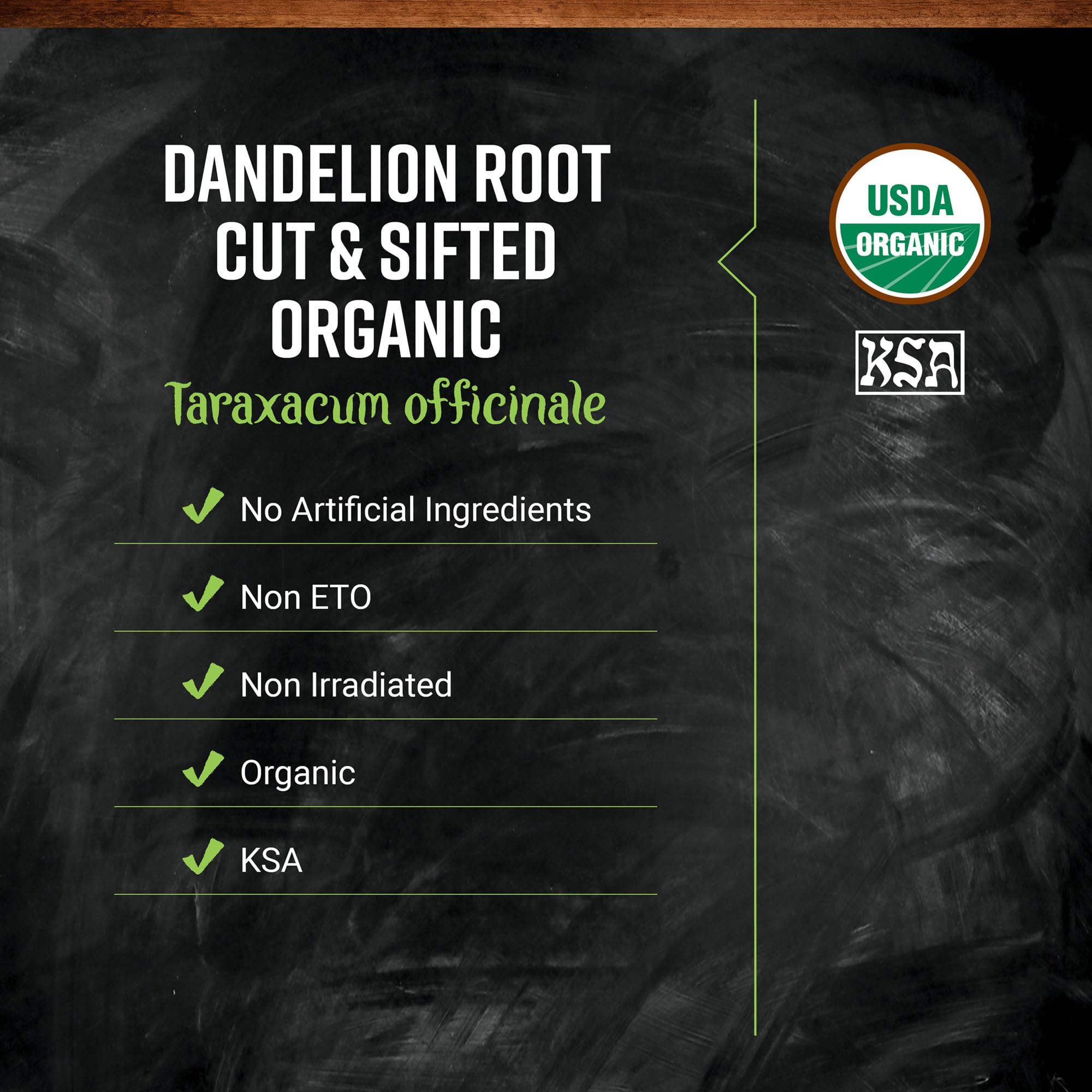 Frontier Co-op dandelion root packaging label front communicates purity and non-irradiated status.