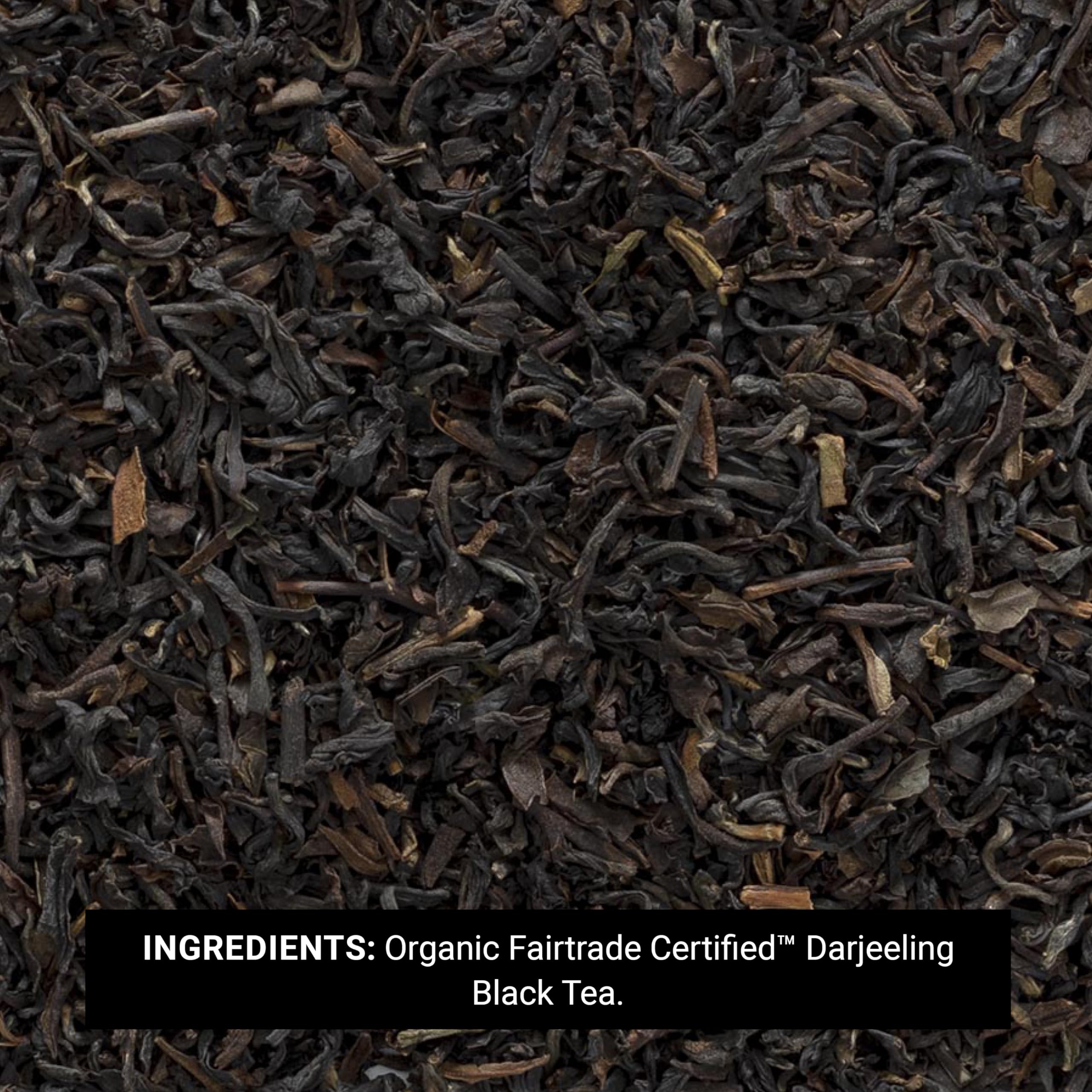 Frontier Co-op Darjeeling tea in a light, floral cup ready to enjoy.