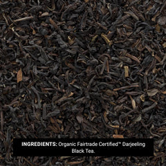 Frontier Co-op Darjeeling tea in a light, floral cup ready to enjoy.
