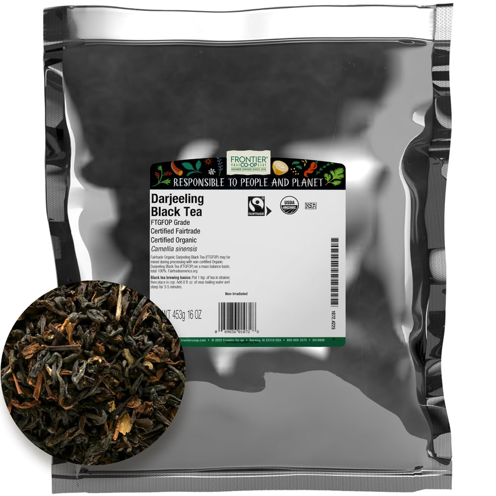 Frontier Co-op Organic Darjeeling tea leaves FTGFOP1 for a refined, aromatic brew.