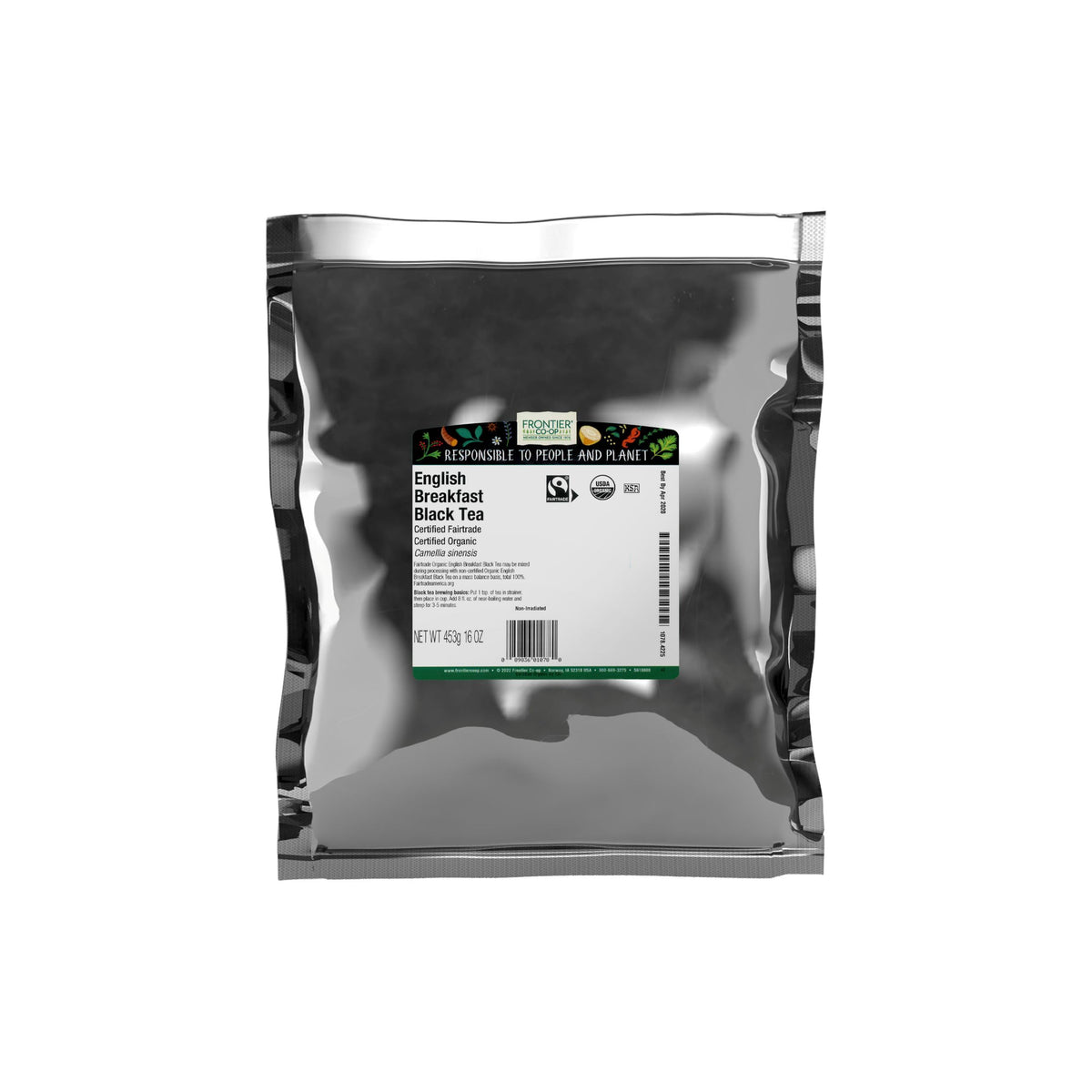 Frontier Co-op English Breakfast Tea bulk bag showing premium whole leaves for a bold morning brew.
