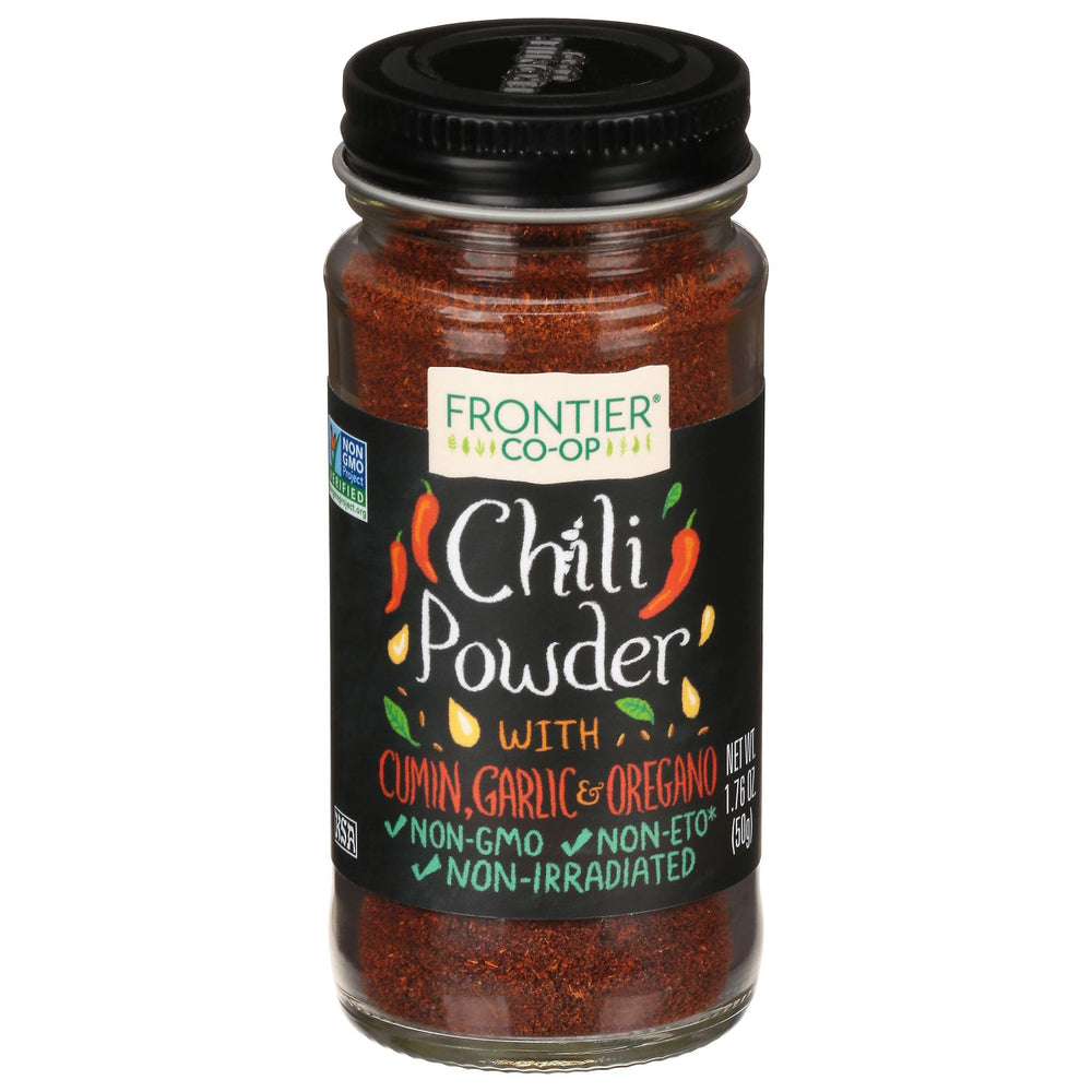 Frontier Co-op Fiesta Chili Powder bottle adds bold heat to chili and rice.