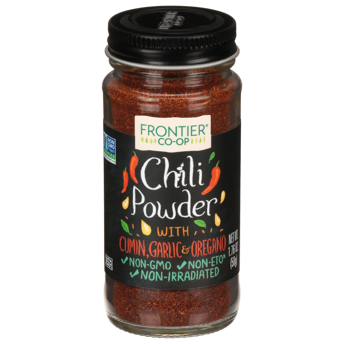 Frontier Co-op Fiesta Chili Powder bottle adds bold heat to chili and rice.