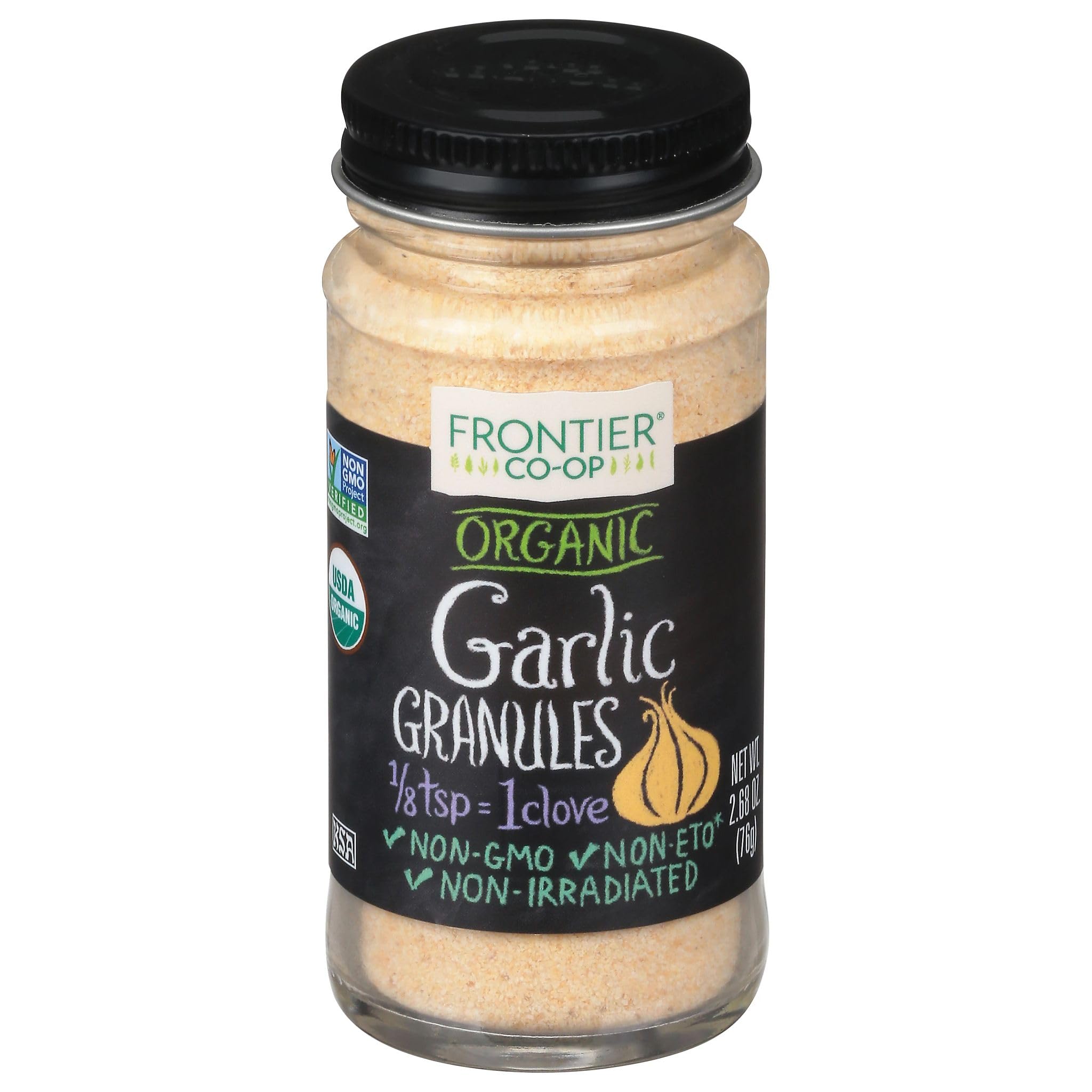 Frontier Co-op Garlic Granules jar front for quick seasoning.