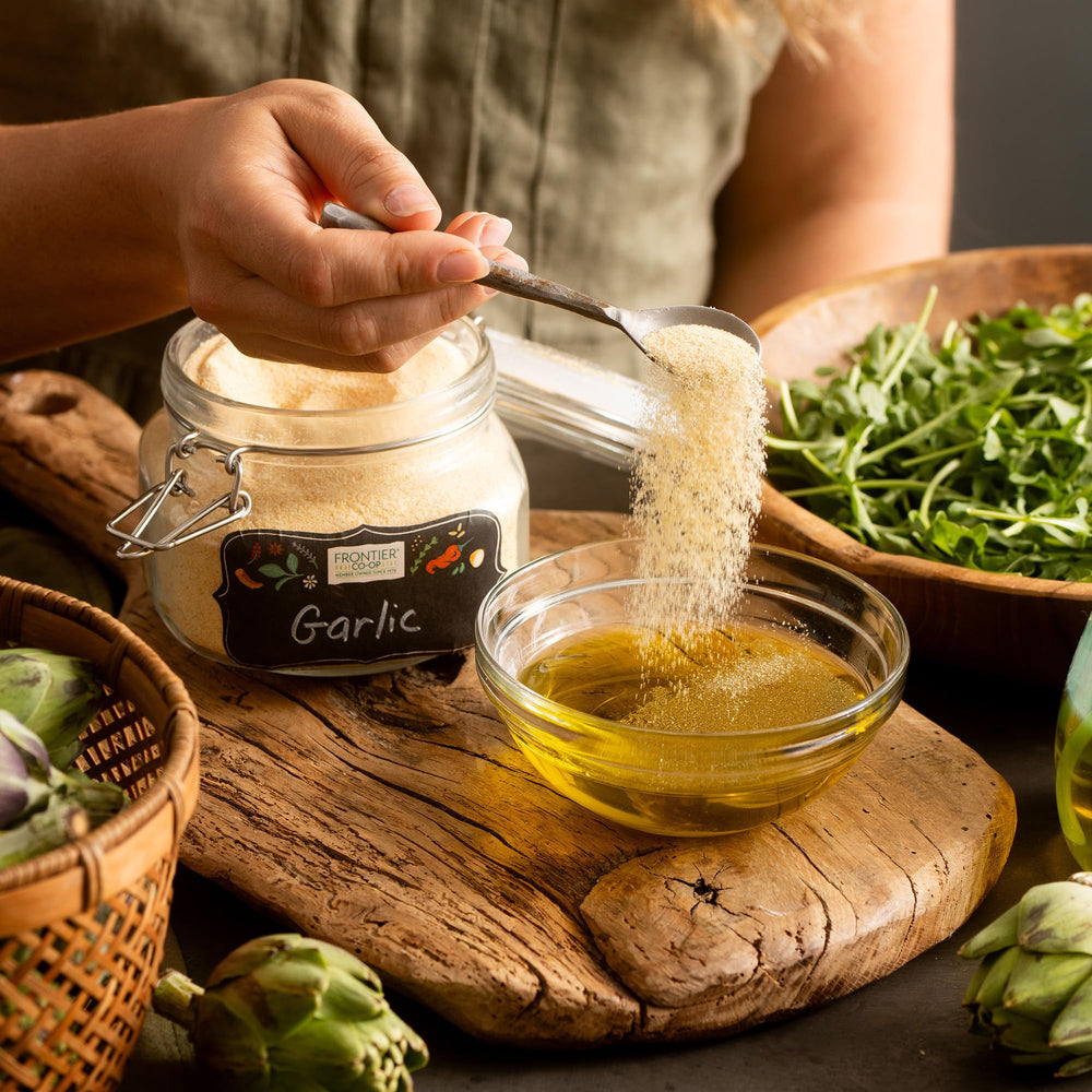 Kitchen-ready Frontier Co-op garlic granules enhance sauces and rubs.