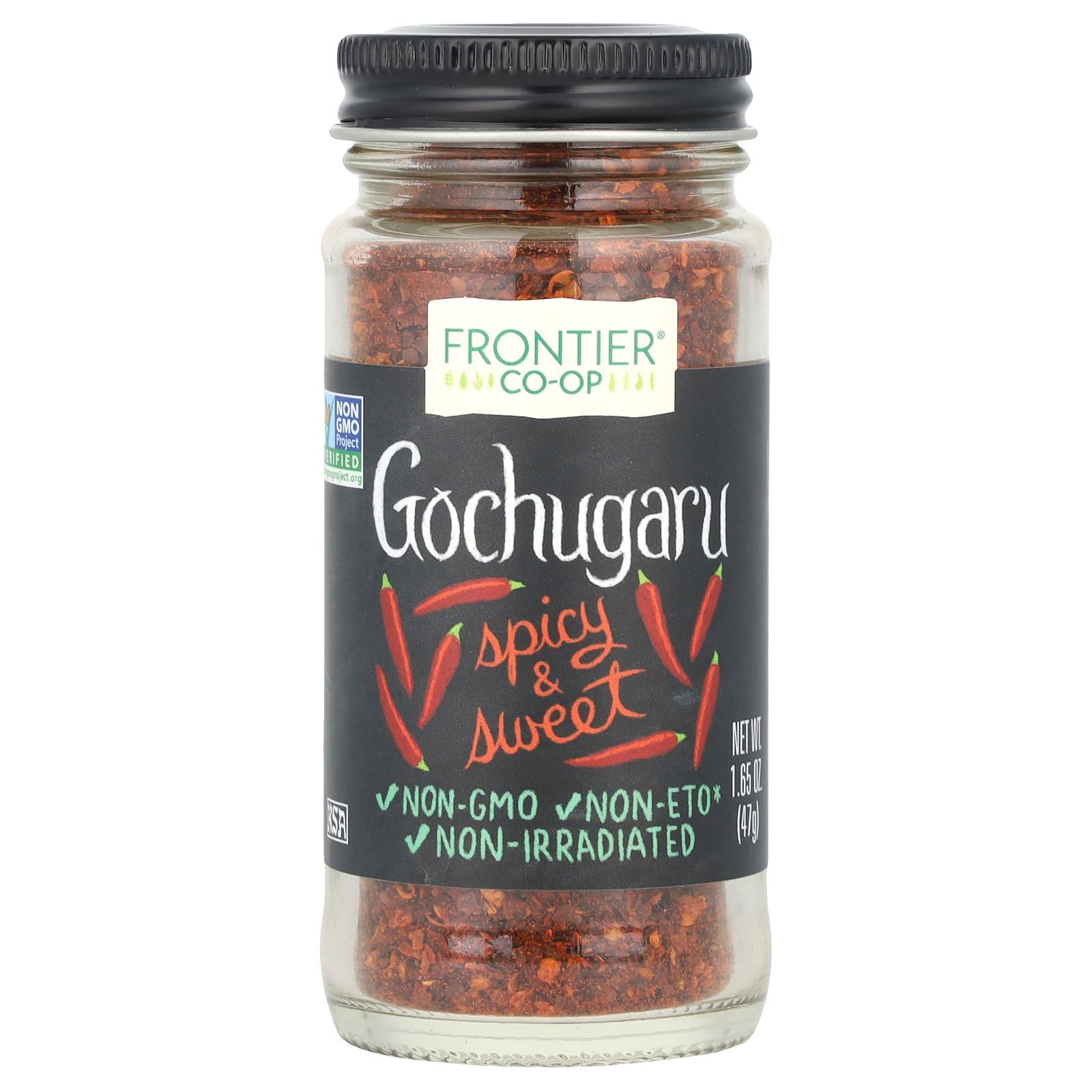 Frontier Co-op gochugaru chili jar closeup shows vibrant flakes for kimchi.