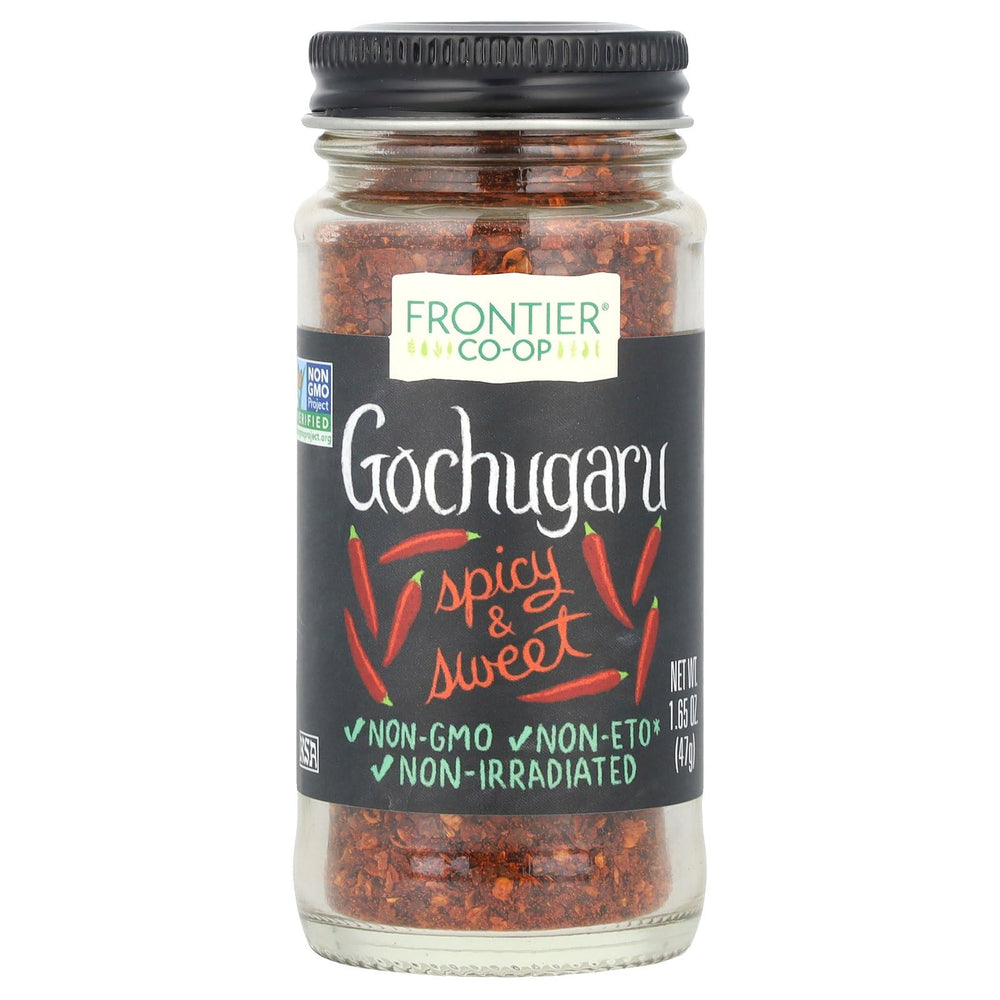 Frontier Co-op gochugaru chili jar closeup shows vibrant flakes for kimchi.