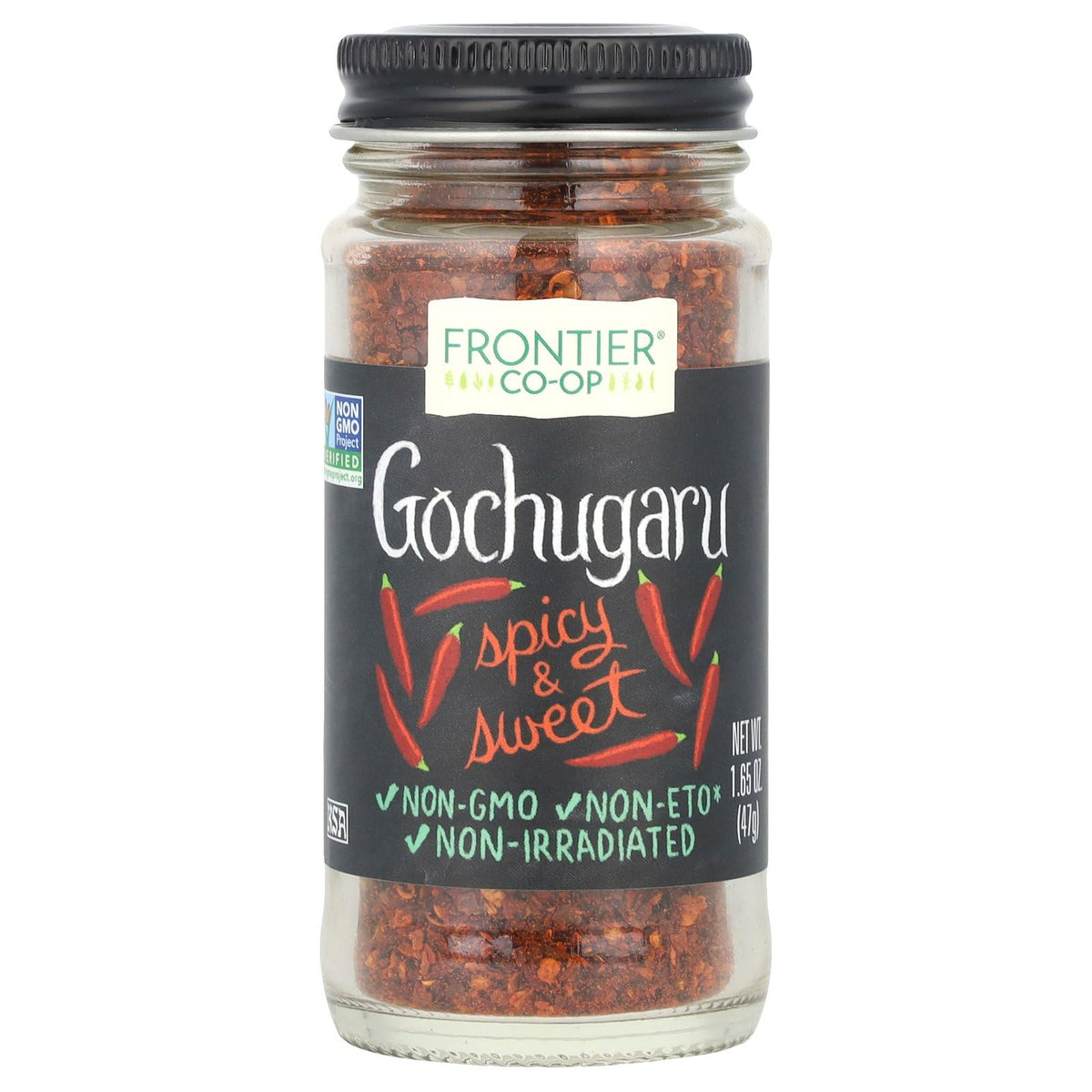 Frontier Co-op gochugaru chili jar closeup shows vibrant flakes for kimchi.