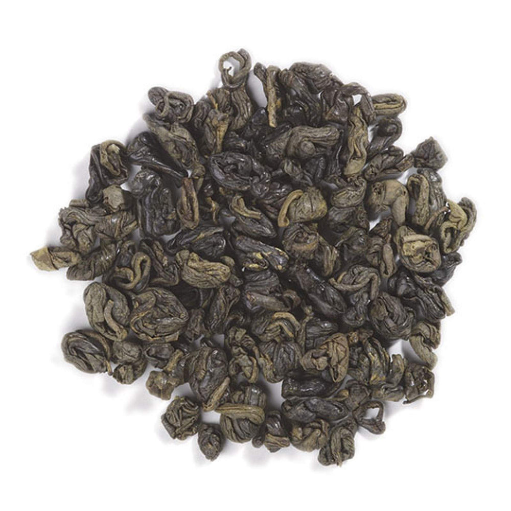 Frontier Co-op gunpowder green tea brewed hot or iced for versatility.