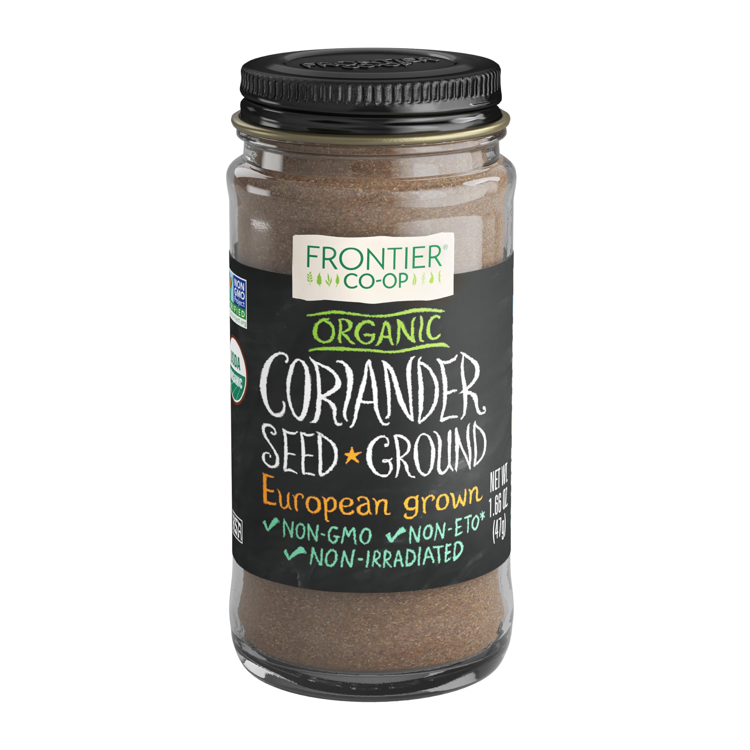 Frontier Co-op ground coriander seed bottle with bright aroma for curries and soups.