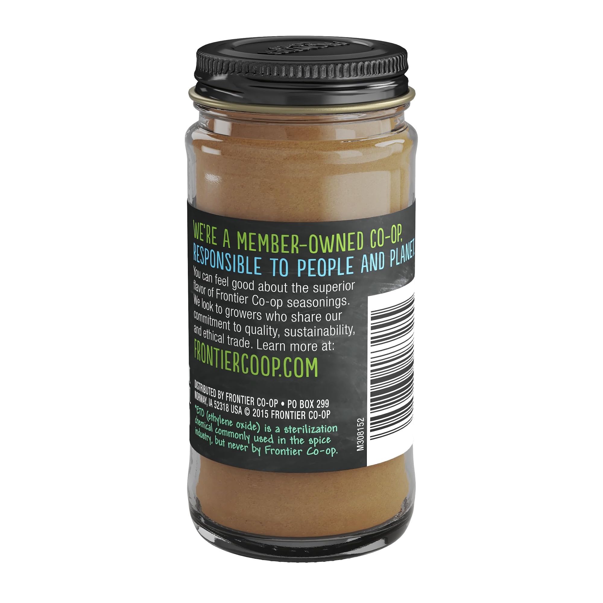 Frontier Co-op Ground Korintje Cinnamon label close-up shows non-irradiated processing.