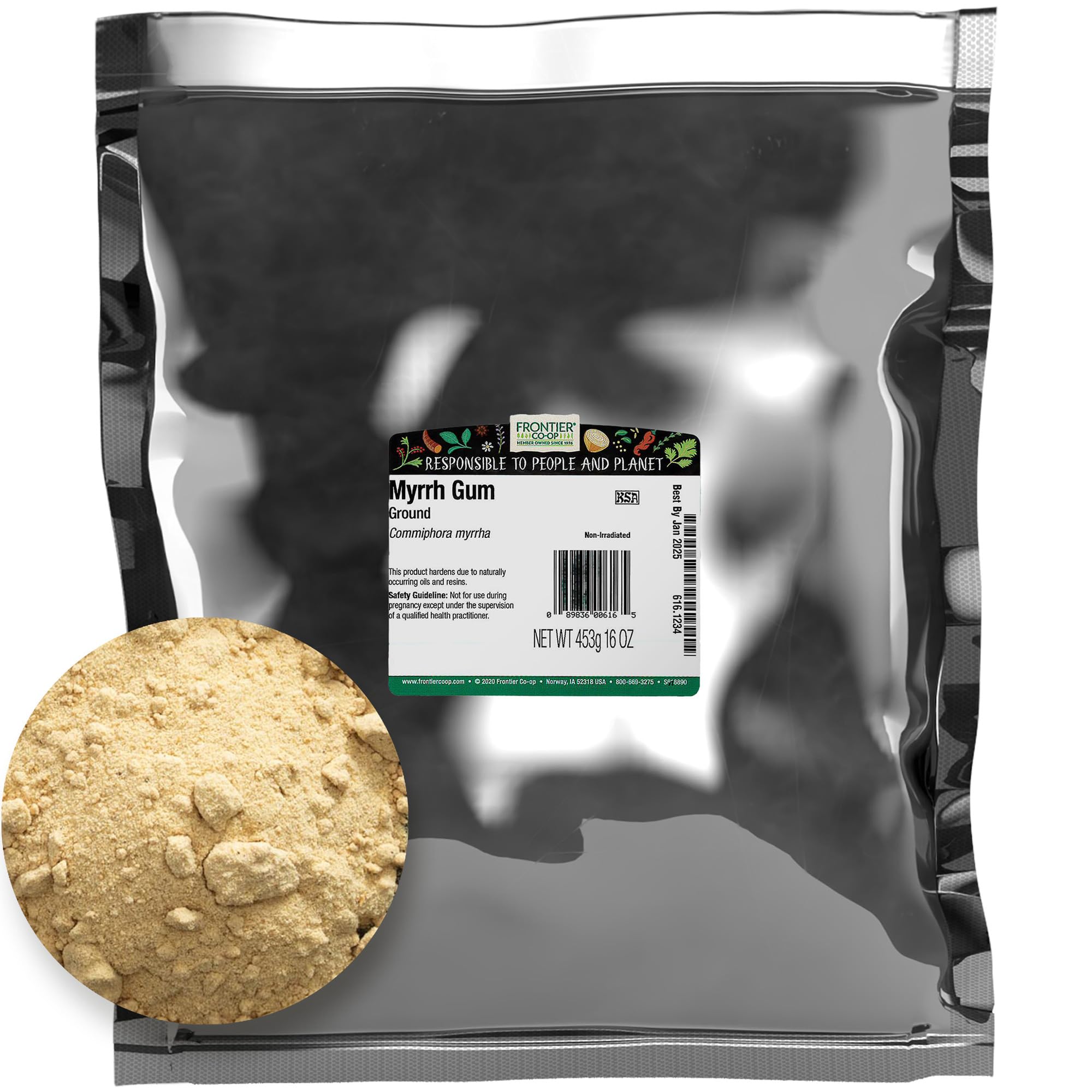 Frontier Co-op ground myrrh gum powder for tea blends or incense use.