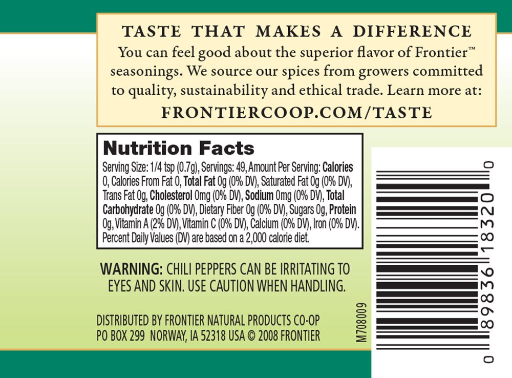 Frontier Co-op cayenne pepper bottle on shelf, ideal for finishing bold roasted vegetables