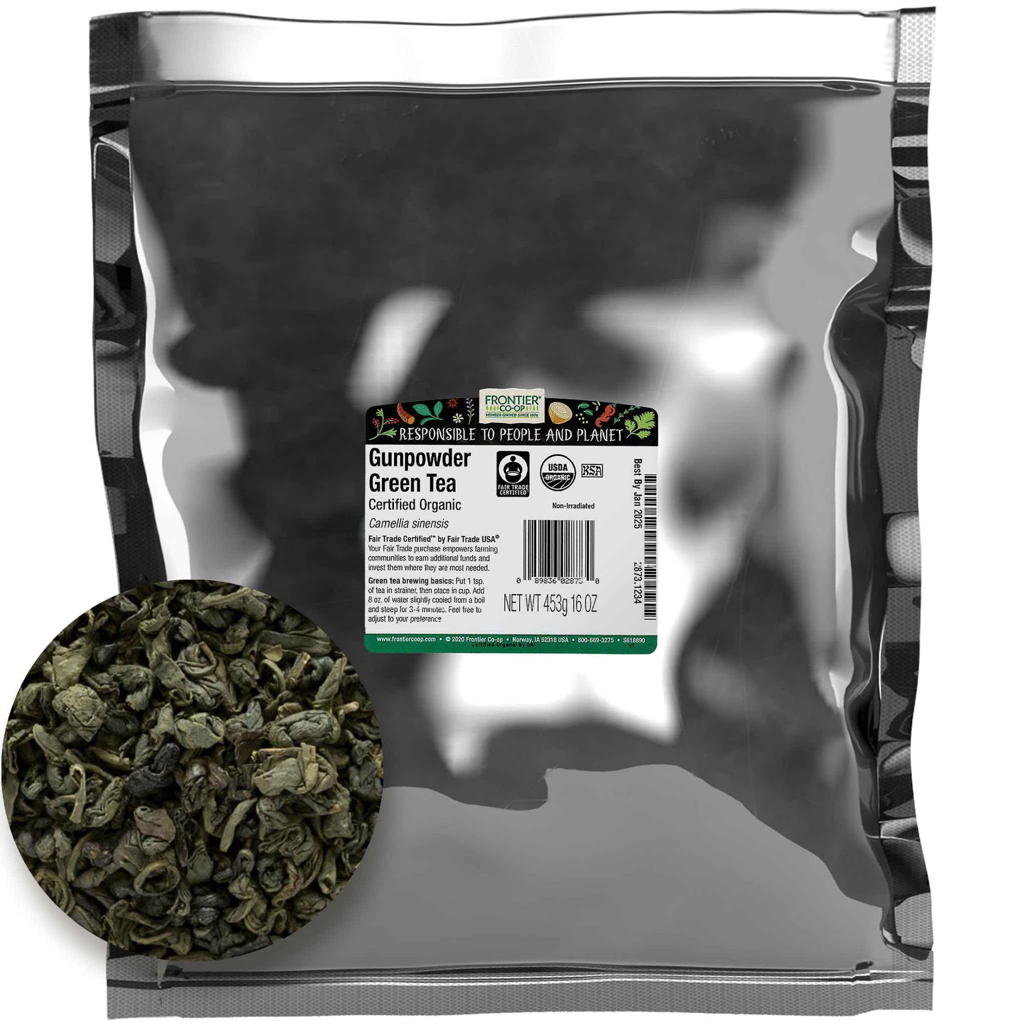 Frontier Co-op gunpowder green tea leaves bulk in a resealable bag for freshness.