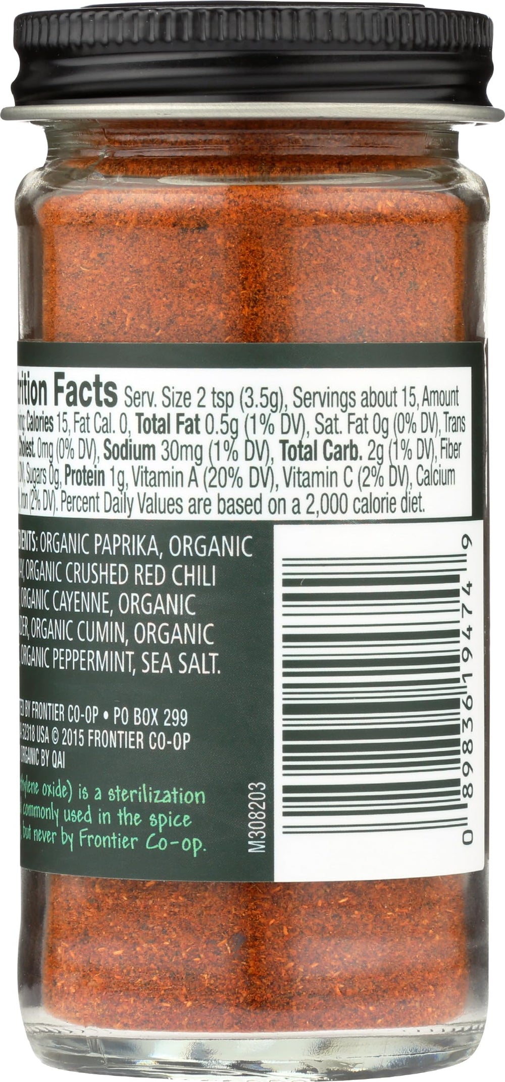 Frontier Co-op Harissa Seasoning bottle with label highlighting organic, kosher certification.