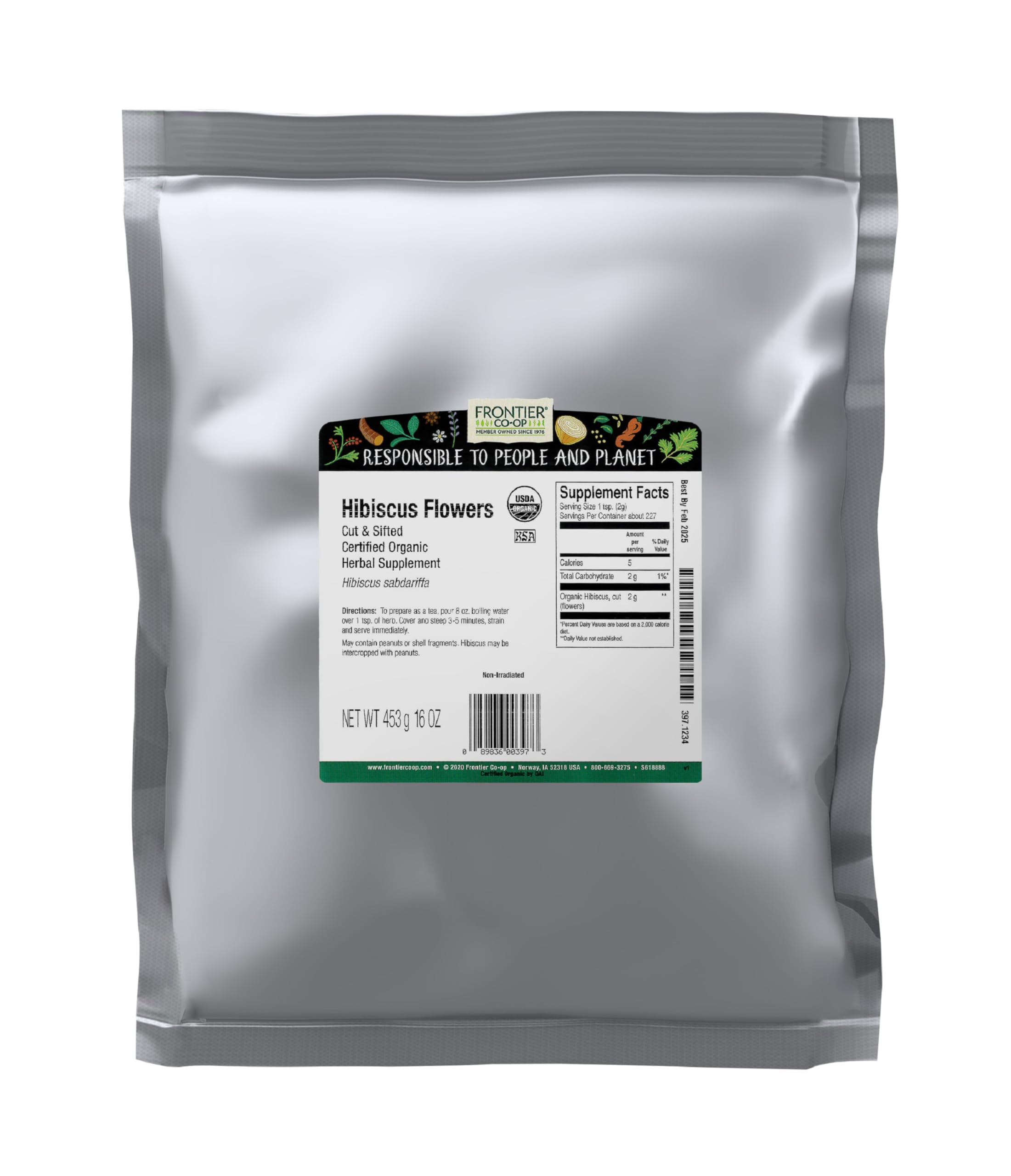 Frontier Co-op hibiscus flowers bulk pack for caffeine-free tea and tart flavor.