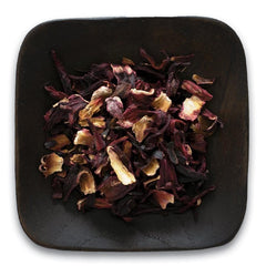 Frontier Co-op hibiscus flowers sun-dried for deep red color and tart notes.