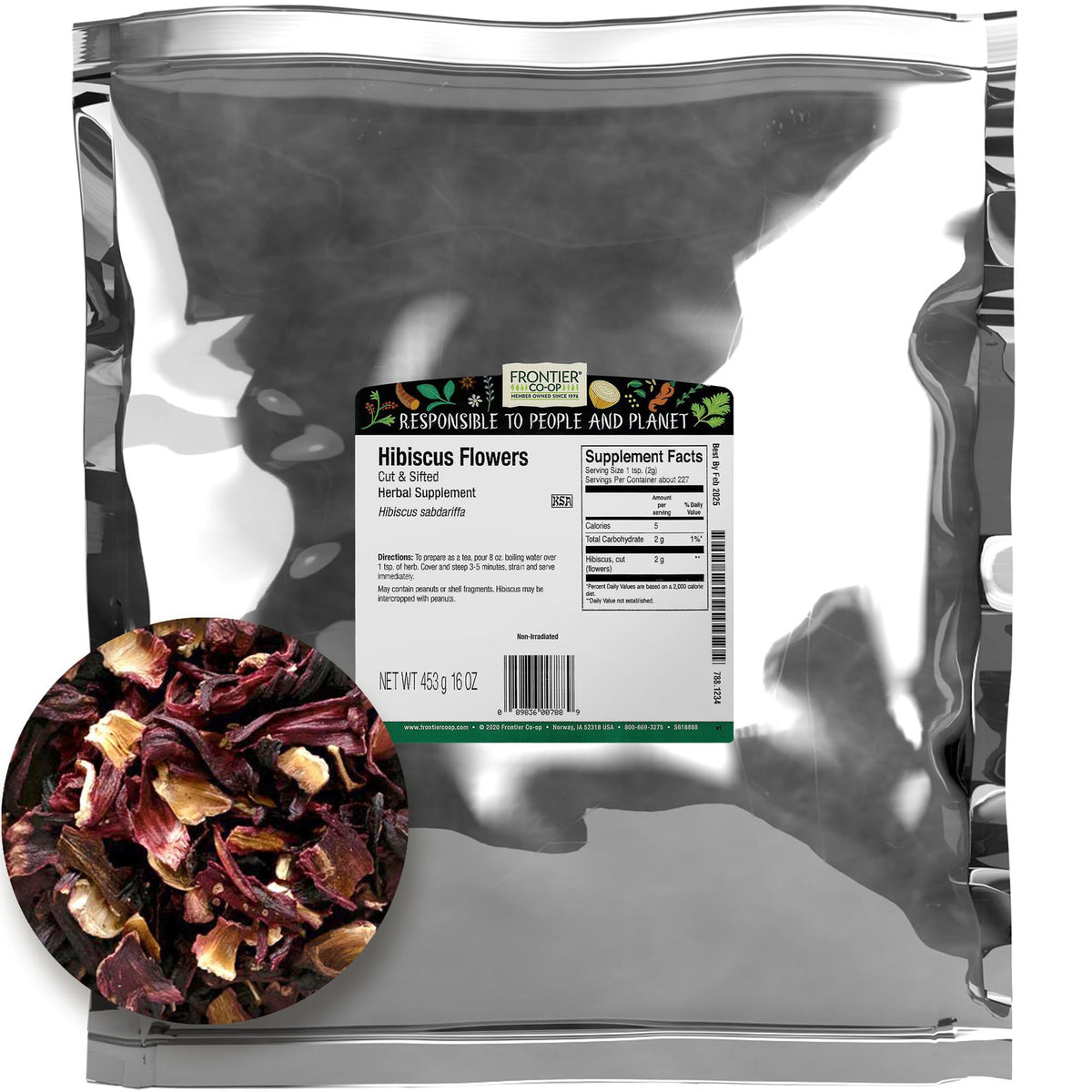 Frontier Co-op hibiscus bulk bag packaging shows a vibrant infusion base for herbal teas.