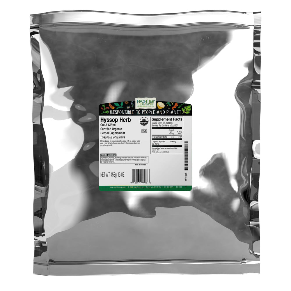 Frontier Co-op hyssop leaves bulk bag for teas and dishes.