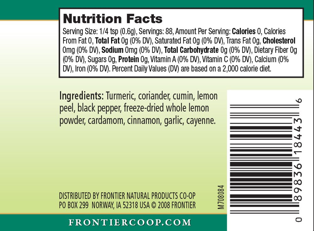 Close-up of Frontier Co-op Indian Curry Seasoning label showing ingredients.