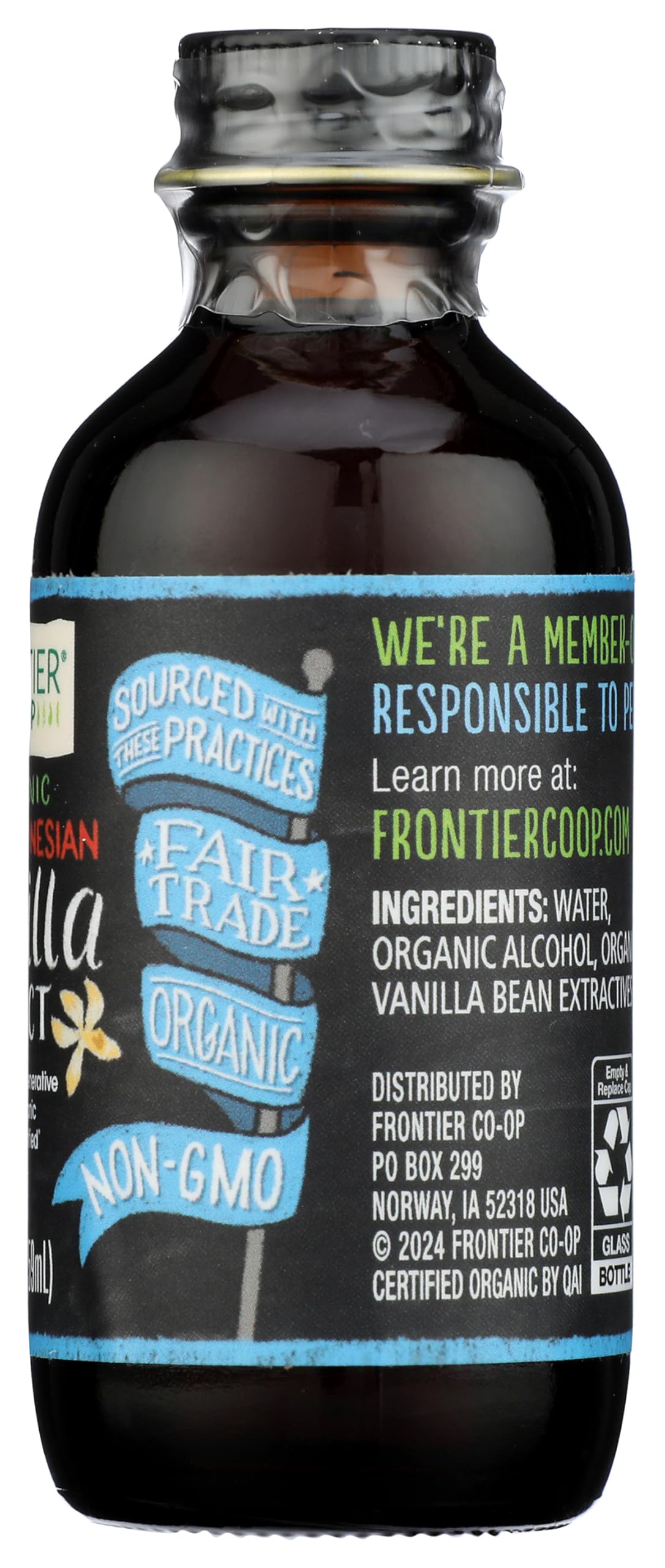 Frontier Co-op Indonesian Vanilla Extract aroma rising from bottle suits desserts.