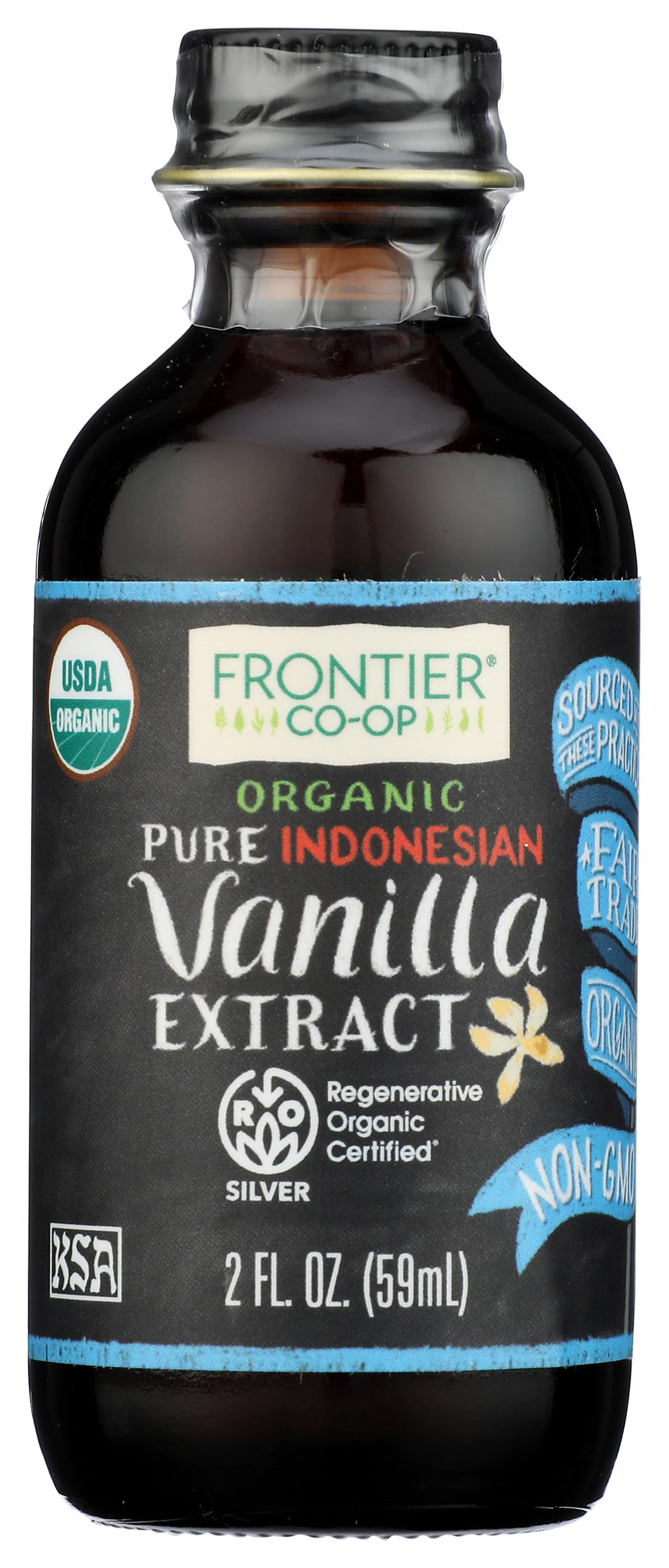 Frontier Co-op Indonesian Vanilla Extract bottle pour enhances baked goods with warm vanilla aroma.