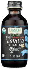Frontier Co-op Indonesian Vanilla Extract bottle pour enhances baked goods with warm vanilla aroma.