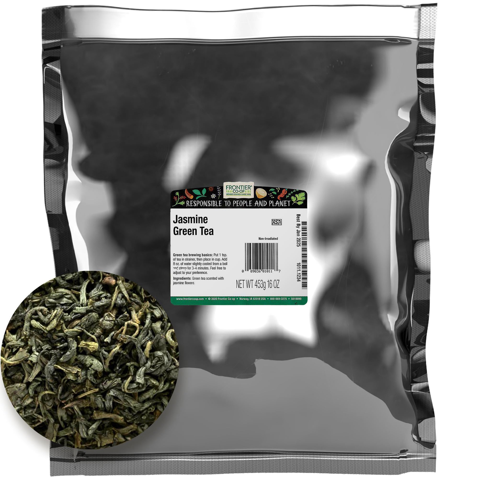 Frontier Co-op Jasmine Green Tea bulk bag (1 lb) ready for easy storage.