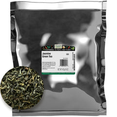 Frontier Co-op Jasmine Green Tea bulk bag (1 lb) ready for easy storage.